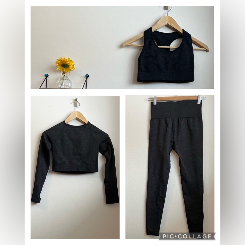 BUNDLE (3) - Crop top, sports bra and legging ensemble - Dark Gray - Small